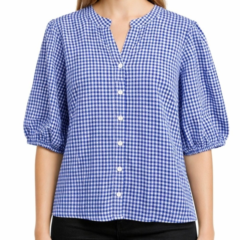 Joie Womens Blue White Gingham Check Puff Sleeve Button Front Blouse Size XL